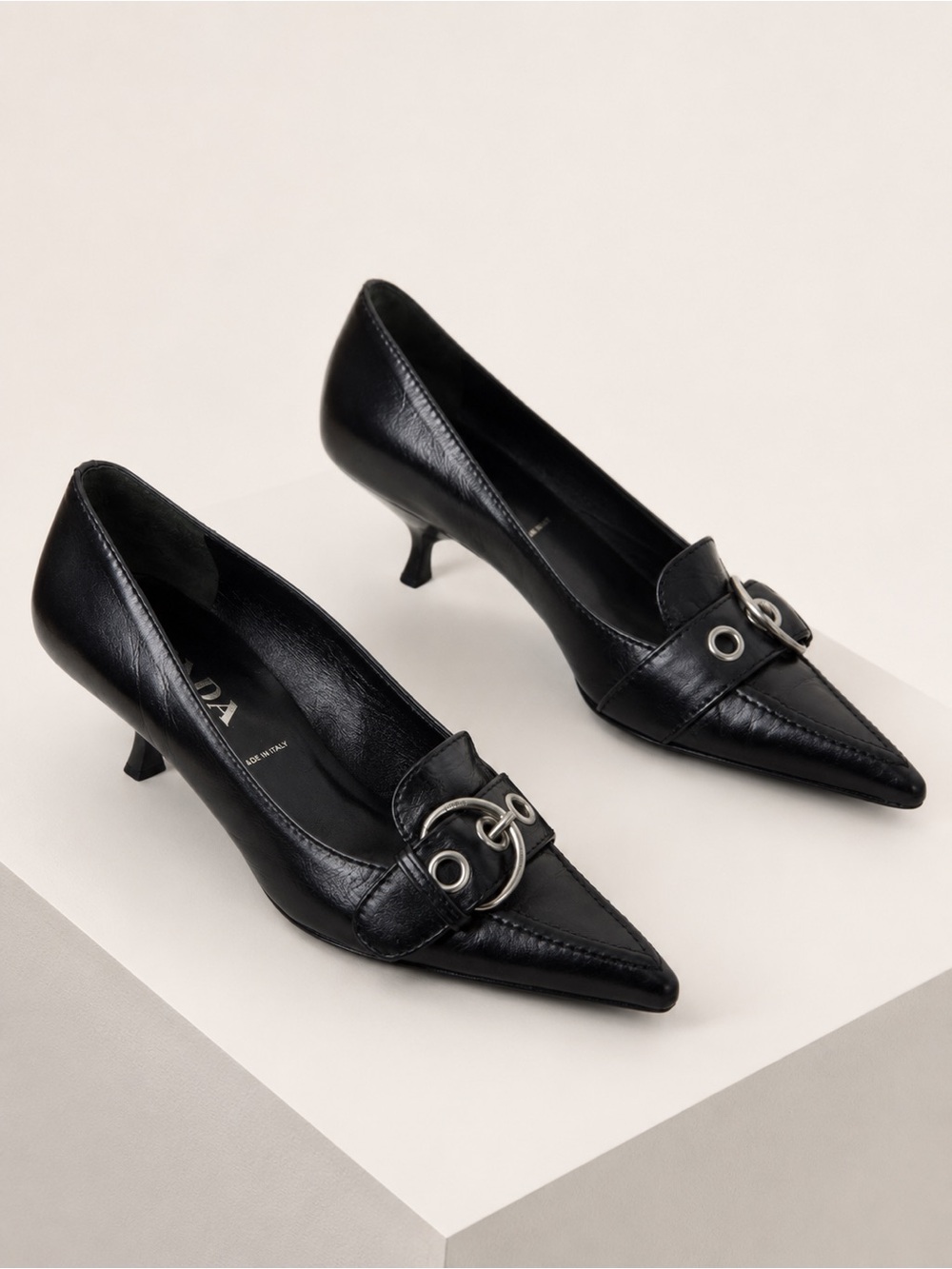 Prada Y2K Buckle Detail Kitten Heel Pointed Pumps